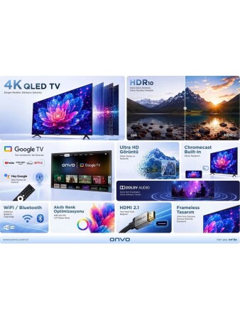 Onvo 65VQ90F3UA 65'' 165 Ekran Uydu Alıcılı 4K Ultra HD Google Smart QLED TV - 2